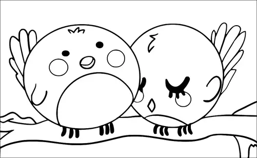 Two round birds are perched on a branch. One bird looks happy with open eyes and a small beak, while the other has long eyelashes and appears to be resting. Their bodies are decorated with simple facial features and wing details. The birds are situated close to each other, suggesting companionship.