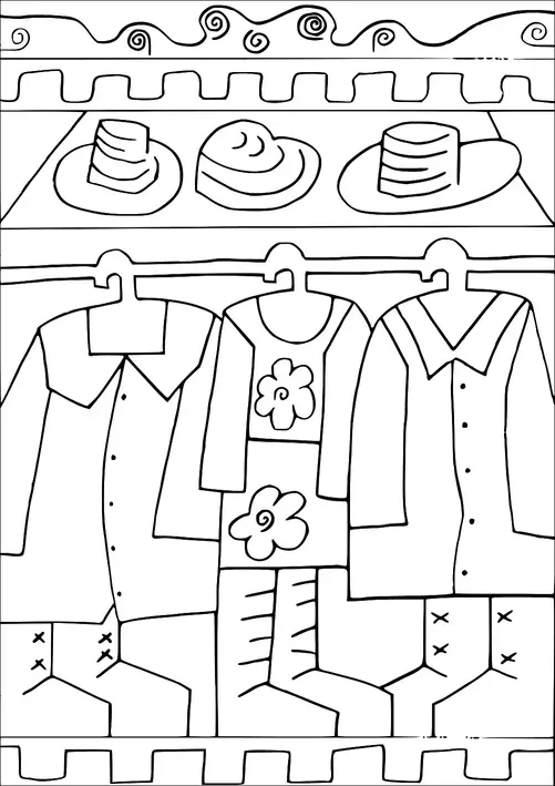 Three shirts are hanging on a rack, with a hat displayed on a shelf above them. The shirts include two button-up styles and one with a floral pattern. Each shirt is paired with simple pants and boots. The hats are of different shapes, adding variety to the display.
