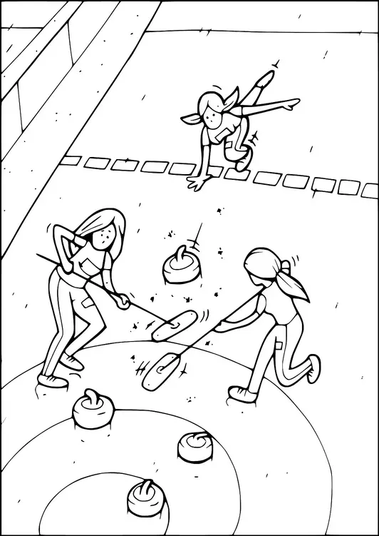 Three people are playing a game of curling on an ice rink. One person is sliding a stone towards a target while two others use brooms to sweep the ice in front of it. The scene captures the action and teamwork involved in the sport. A circular target with concentric rings is featured on the ice.