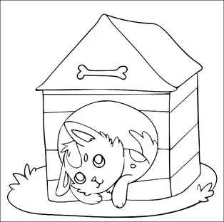 A cat-like creature with large ears and round eyes is curled up inside a doghouse. The doghouse has a roof with a bone emblem on it and is surrounded by grass. The creature appears to be resting or hiding. The scene is simple and playful.
