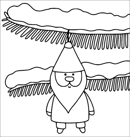 A gnome with a pointy hat and beard stands under a snow-covered branch. The branch is part of a pine tree, its needles visible. The gnome's facial features include a nose and eyes, and it wears a simple outfit. Snow piles on top of the branches, suggesting a winter setting.