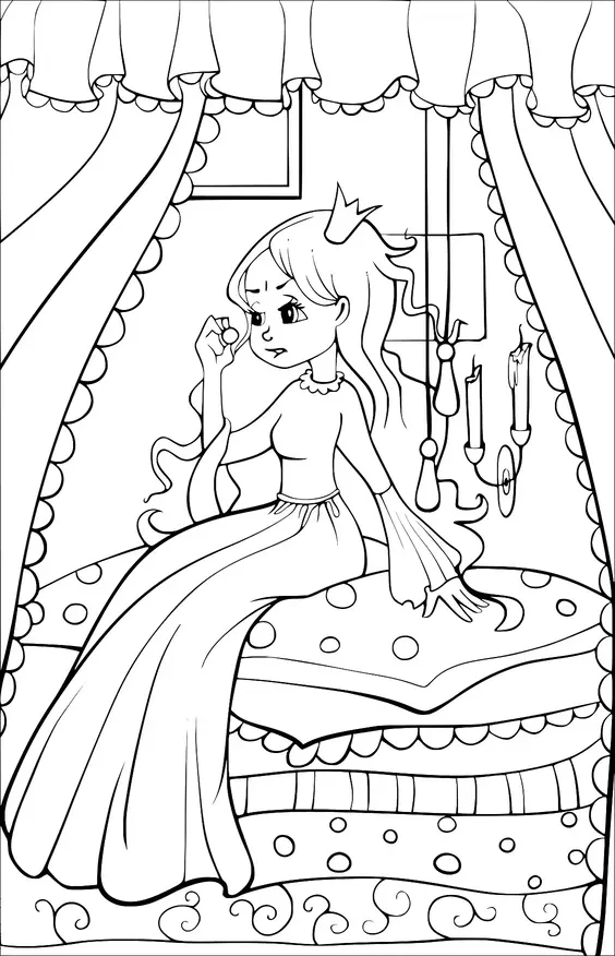 A princess sits on a stack of mattresses in an ornate bedroom, looking curiously at a small object in her hand. She is wearing a gown and a crown, and the room is decorated with elegant curtains and candlesticks. The setting suggests a fairy tale atmosphere.