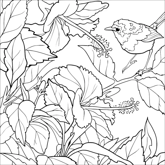 A bird is perched on a branch among large hibiscus flowers and leaves. The flowers are detailed, showing their distinctive petals and stamen. The bird appears attentive, as if watching something nearby. The scene is lush with foliage surrounding the floral elements.