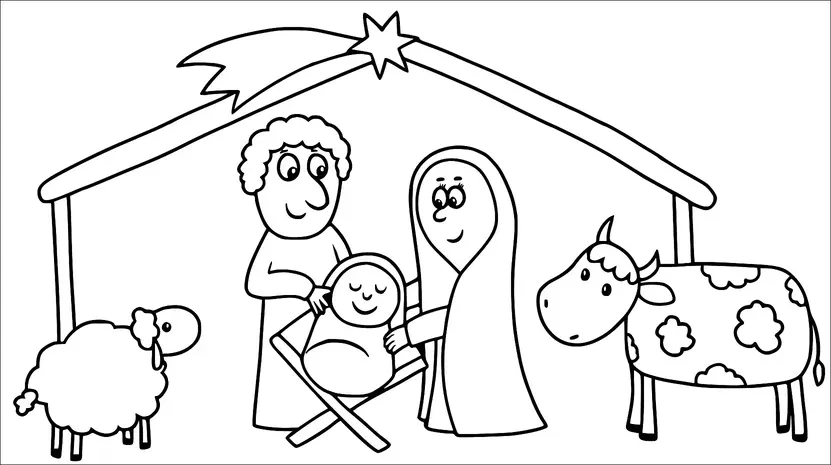 A nativity scene shows Mary and Joseph standing next to baby Jesus in a manger under a stable. A star is seen shining above the stable. Nearby, a sheep and a cow are present. The scene captures the traditional setting of the birth of Jesus.