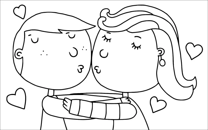A boy and a girl are shown embracing with their eyes closed and lips puckered, surrounded by heart symbols. The boy has freckles and short hair, while the girl has long hair with earrings. Both figures are shown from the shoulders up and are depicted in a cartoon style. The image suggests a theme of love and affection.