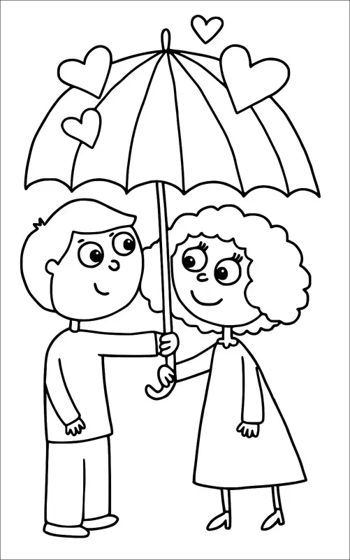 A young boy and girl are standing close together under an umbrella. They are smiling at each other, indicating a moment of affection. Hearts float above them, symbolizing love. The scene reflects a tender, romantic interaction.