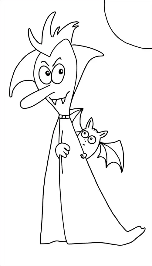 A cartoon vampire with pointed ears and fangs is sneaking a glance with a mischievous expression. He is wearing a cape and is accompanied by a small bat peeking out. The background shows part of a large moon. The scene is playful and reminiscent of Halloween.