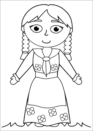 A character with braided hair stands with a friendly expression wearing a dress decorated with flowers. The dress has a simple collar and long sleeves, and the character is positioned on a simple ground with jagged edges. The character's eyes are large and expressive, and their hands are out to the sides.