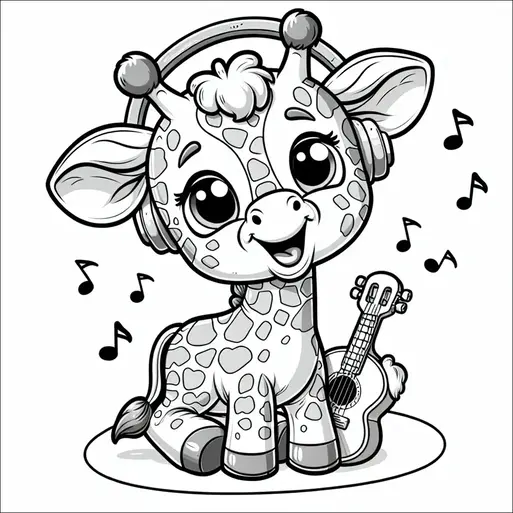 A cheerful cartoon giraffe is sitting with headphones on, surrounded by musical notes. It has a ukulele by its side and heart-shaped spots on its body. The giraffe appears to be enjoying the music. Its facial expression is joyful and engaging.