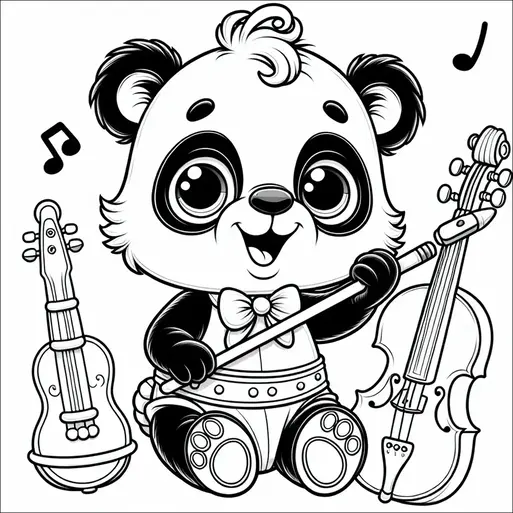 A cheerful panda is playing a cello while sitting on the ground. The panda is wearing a bow tie and suspenders, and musical notes float around, adding a sense of music to the scene. Next to the panda, there is a guitar standing upright. The panda has large eyes and a joyful expression.