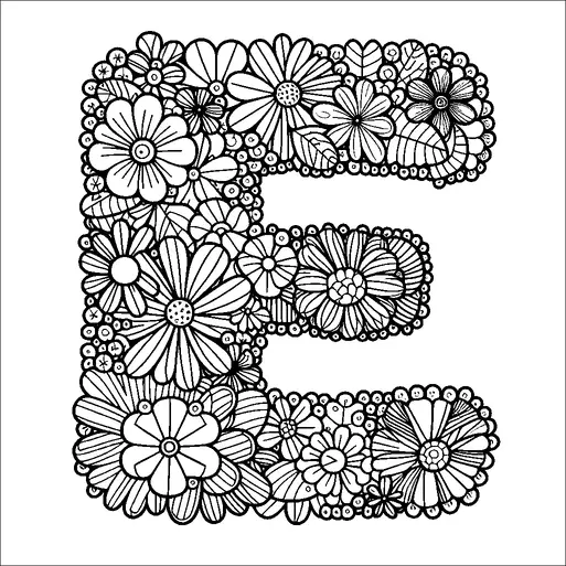 A large letter "E" is creatively formed by an array of intricate flowers and leaves. The floral design is densely packed, showcasing a variety of petal shapes and sizes. The blossoms are interconnected, creating a cohesive and decorative pattern within the letter. This botanical arrangement gives the letter an ornate and lively appearance.