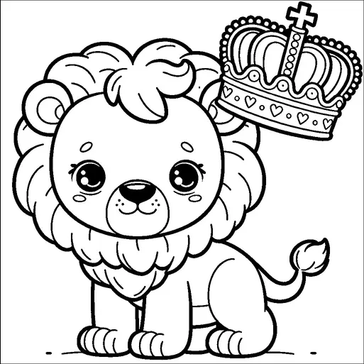 A cute cartoon lion with a voluminous mane sits contentedly, looking directly forward. Above its head, there's a large, ornate crown adorned with small hearts and a cross on top. The lion has big, expressive eyes and a friendly expression. Its short tail curls slightly at the tip.