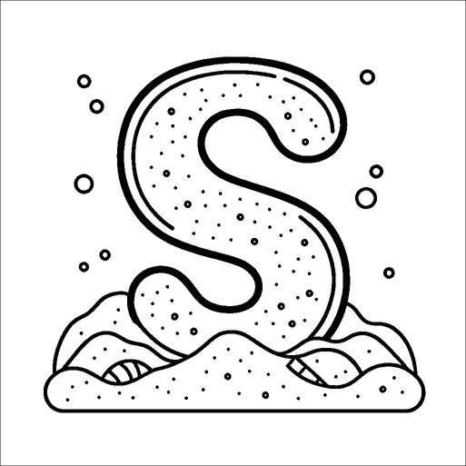 A large, stylized letter "S" emerges from a sandy surface, surrounded by bubbles. The design suggests an underwater or beach theme, with dots adding texture to the letter. Wavy lines in the sand add depth and dimension. The overall composition gives a playful and lively impression.