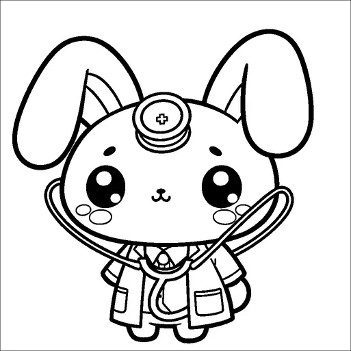 A cute bunny is dressed as a doctor, wearing a stethoscope and a doctor's coat. The bunny has big, expressive eyes and a small, happy smile. It also wears a head mirror, a classic accessory for doctors. The overall appearance is whimsical and charming.