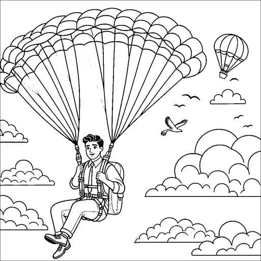 A person is parachuting through a sky filled with clouds, looking cheerful and relaxed as they hold onto the parachute straps. A bird flies nearby, and a hot air balloon can be seen in the distance. The sky is filled with various fluffy clouds, adding to the serene atmosphere. Birds fly around, adding liveliness to the scene.
