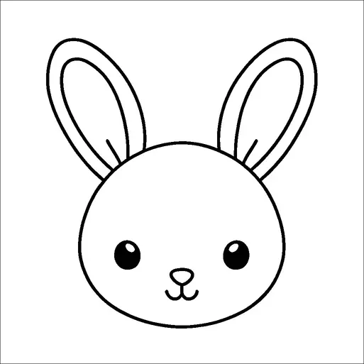 A simple drawing of a bunny's face is shown with large ears, round eyes, and a small, cute smile. The bunny's features are symmetrical and the expression is friendly and innocent. The design is minimalistic with clean, bold lines defining the shape of the ears and face.