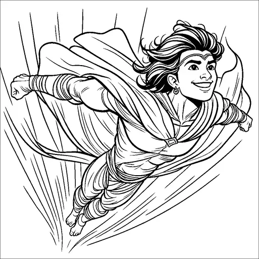 A hero with a joyful expression is soaring through the sky. They are wearing a flowing, dynamic cape that trails behind them. Their fists are clenched, indicating power and determination. The image captures a sense of movement and freedom.
