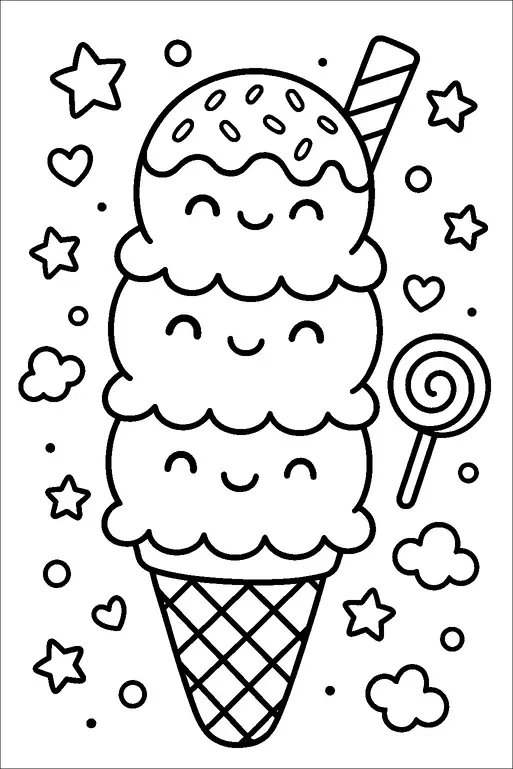 A cheerful ice cream cone with three scoops is adorned with smiling faces, surrounded by playful stars, hearts, and a lollipop. A detailed waffle cone and a candy-striped stick complement the whimsical scene. The background features scattered clouds and small circles, enhancing the joyful atmosphere. Each scoop has a unique pattern, adding to the delightful design.