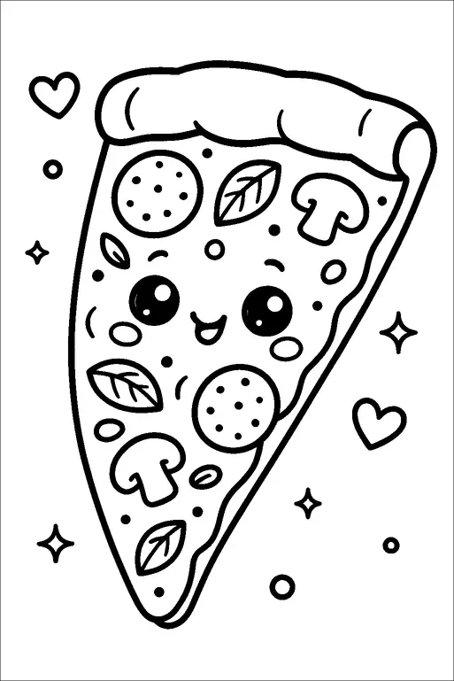 A slice of pizza with a smiling face is adorned with various toppings like mushrooms, pepperoni, and leaves. Surrounding the slice are small hearts and stars, adding a playful touch. The pizza's expression creates a sense of friendliness and joy. The design is surrounded by small dots and whimsical decorations.