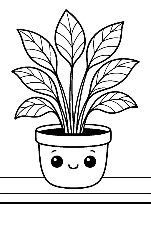 A smiling plant pot sits on a wooden surface, adorned with large leaves that fan out gracefully. The pot has a cheerful face with big eyes and rosy cheeks. The leaves are detailed with visible veins. The simple arrangement conveys a sense of happiness and growth.