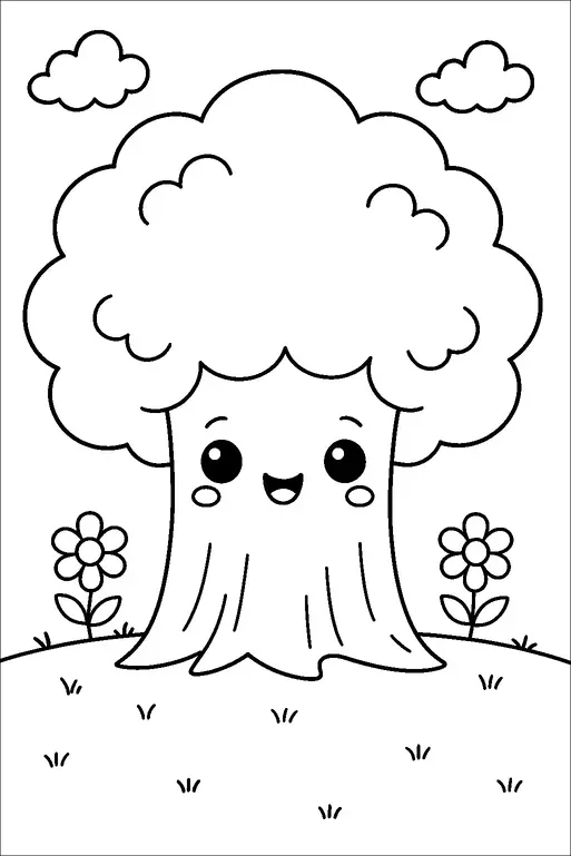 A happy tree with large, fluffy foliage smiles cheerfully in the center of a grassy landscape. Two flowers are blooming on either side of the tree. Small clouds float in the sky above. The setting is peaceful and idyllic, with simple, friendly elements.