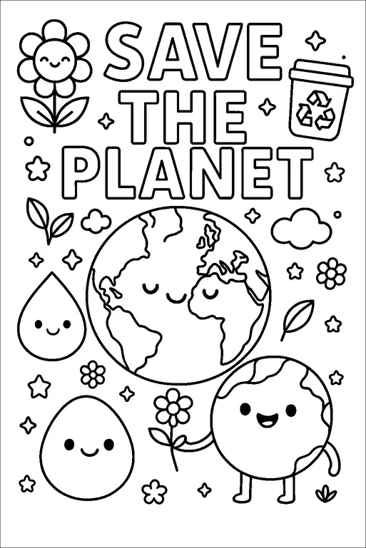 A cheerful Earth with a smiling face is central to the image, holding a small flower, surrounded by stars, clouds, and leaves. The phrase "SAVE THE PLANET" is prominently displayed at the top. Accompanying the Earth are cute smiling droplets and flowers, emphasizing nature and environmental conservation. A recycling bin icon is also present, promoting eco-friendly practices.