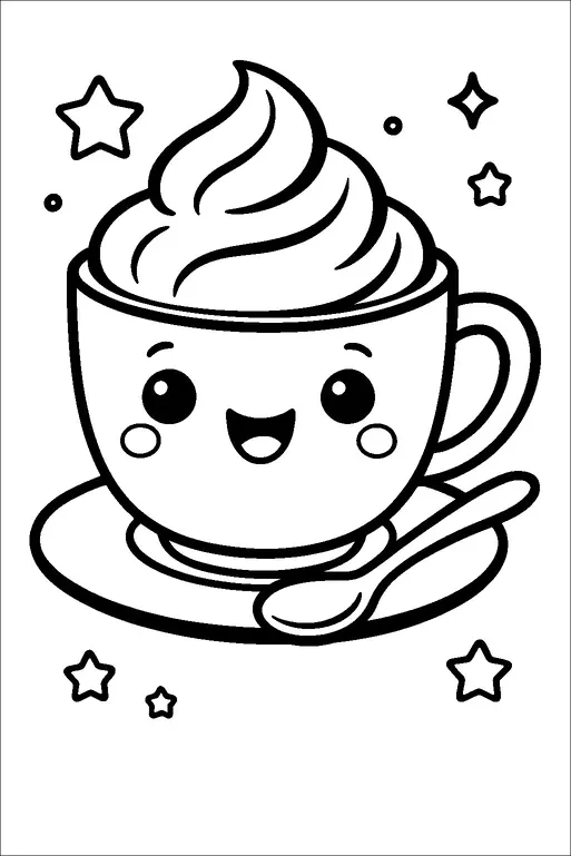 A cheerful cup with a face is filled with whipped cream, sitting on a saucer accompanied by a spoon. The cup has big eyes, rosy cheeks, and an open smile, giving it a friendly appearance. Surrounding the cup, there are small stars and dots enhancing the playful theme. The whimsical design creates a sense of joy and charm.