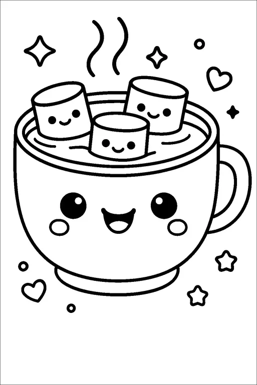 A happy mug with a smiley face is filled with hot chocolate, topped with three marshmallows, each with cheerful expressions. The mug is surrounded by heart and star shapes, adding to the playful atmosphere. Steam rises from the mug, suggesting warmth and comfort. The scene is joyful and cozy, perfect for evoking a sense of happiness.