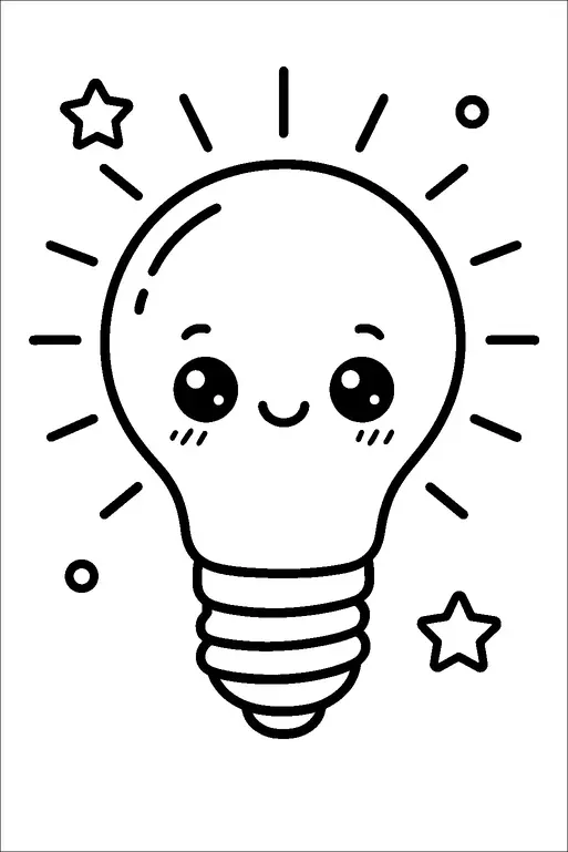 A light bulb is illustrated with a cute face, featuring large eyes and a small smiling mouth. It is surrounded by small stars and lines indicating it is switched on. The overall expression is cheerful and friendly, with a touch of playfulness. The simplicity and charm make it appealing for various audiences.